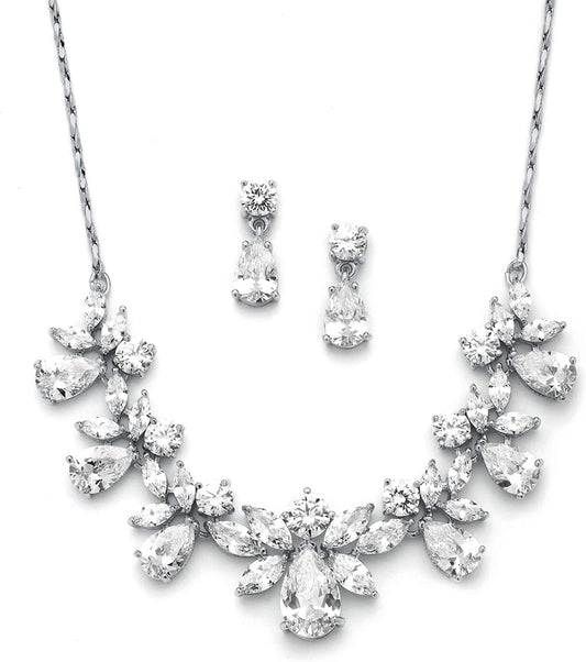 Multi-Shaped Pear and Marquise Cubic Zirconia Necklace Earring Wedding Jewelry Set for Brides