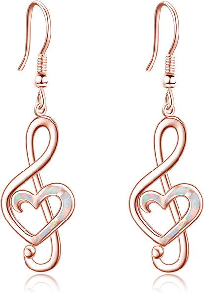 Music Note Earrings Sterling Silver Created Opal Musical Jewelry for Music Lovers Music Gifts for Women Teacher Dancer Her B-Rose Gold White opal treble music note