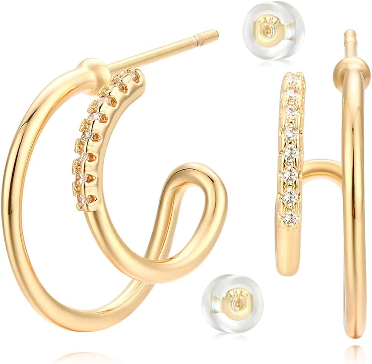 MYEARS Women Earrings Gold Open Hoop C Shape 14K Gold Filled Small Boho Beach Simple Delicate Handmade Hypoallergenic Illusion Jewelry Gift Moon with CZ
