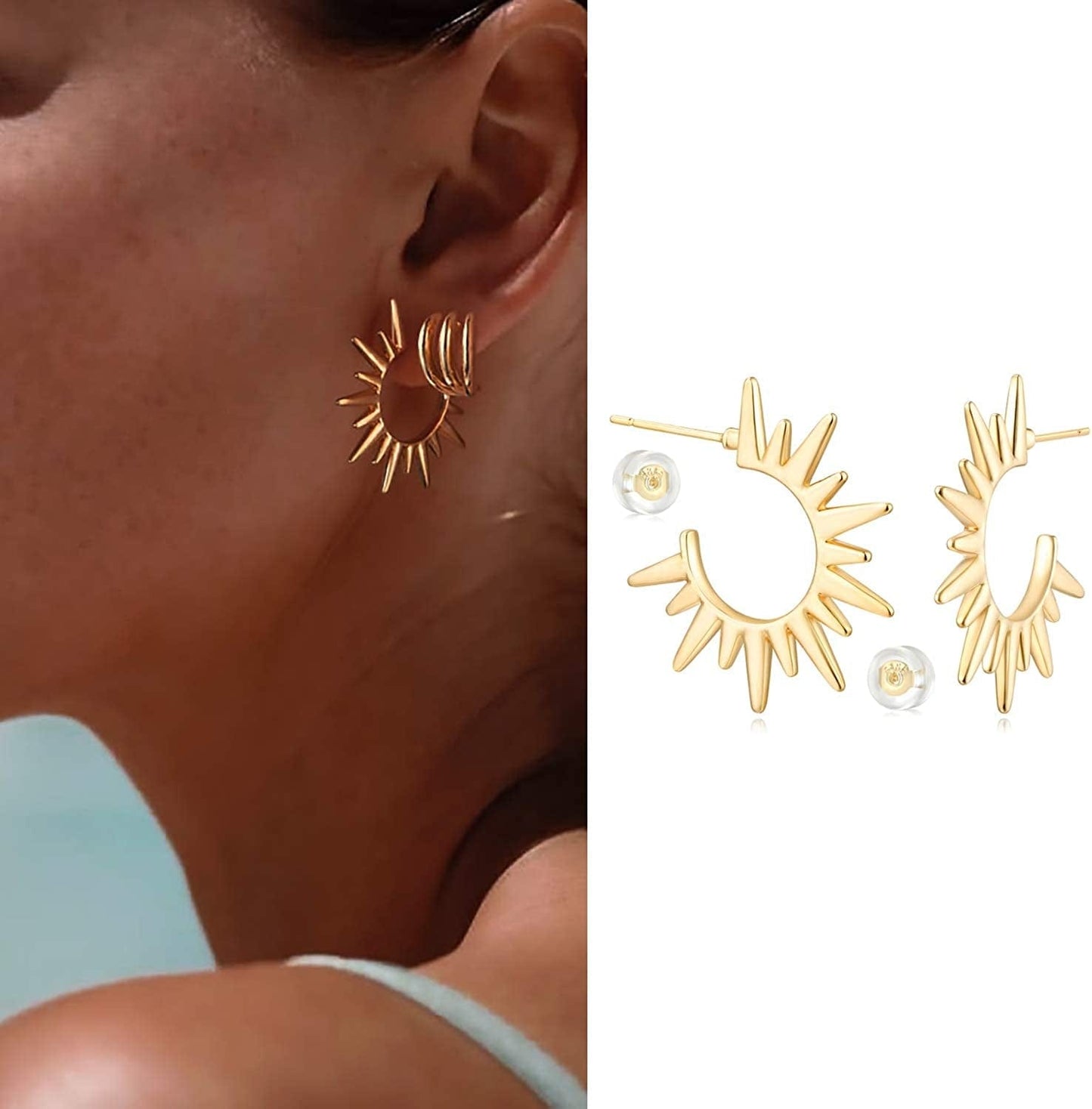 MYEARS Women Earrings Gold Open Hoop C Shape 14K Gold Filled Small Boho Beach Simple Delicate Handmade Hypoallergenic Illusion Jewelry Gift