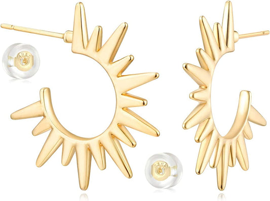 MYEARS Women Earrings Gold Open Hoop C Shape 14K Gold Filled Small Boho Beach Simple Delicate Handmade Hypoallergenic Illusion Jewelry Gift Sun