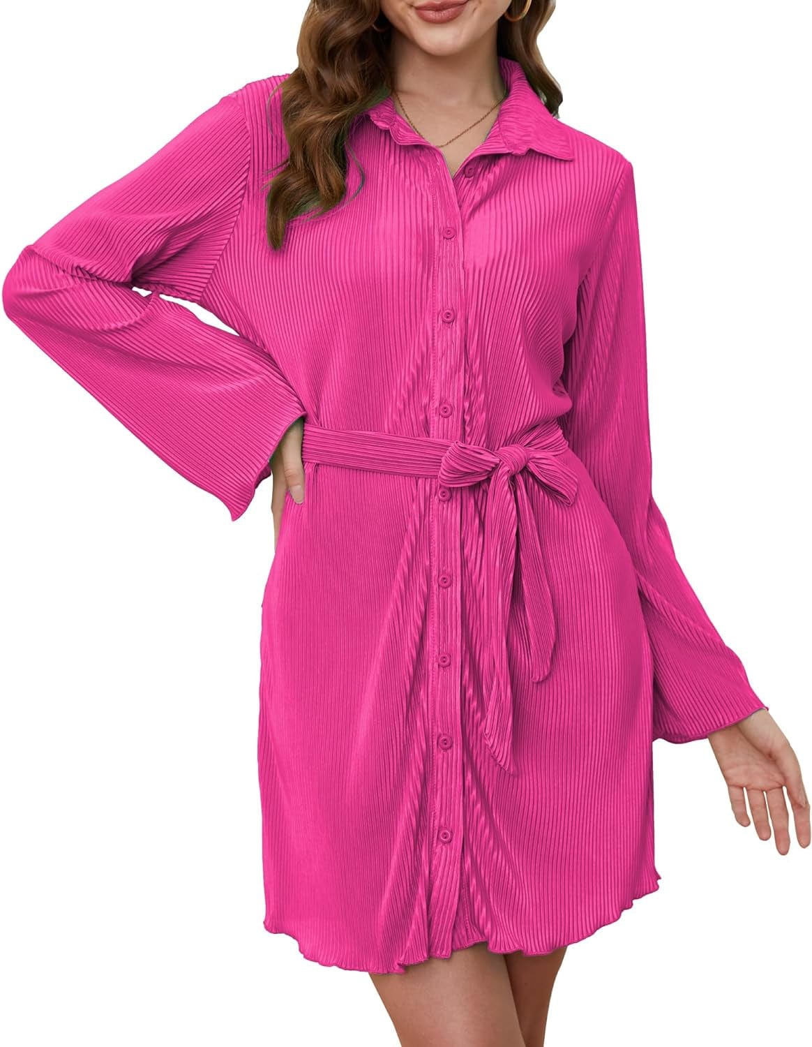 MYONE Womens Shirt Dress V Neck Button down Pleated Long Sleeve Casual Trendy Mini Dress with Belt Rose Red / X-Large
