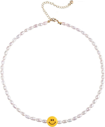 Natural Freshwater Pearl "Fun Flirty" Beaded Choker Necklace Handmade Summer Boho Jewlery Gifts for Women Teen Girls G - Smiley Face Single