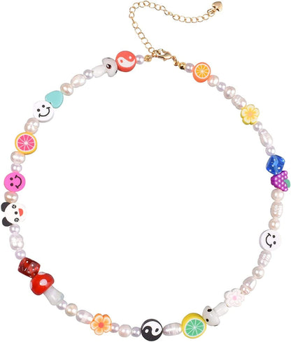 Natural Freshwater Pearl "Fun Flirty" Beaded Choker Necklace Handmade Summer Boho Jewlery Gifts for Women Teen Girls C - Smiley Face Fruit