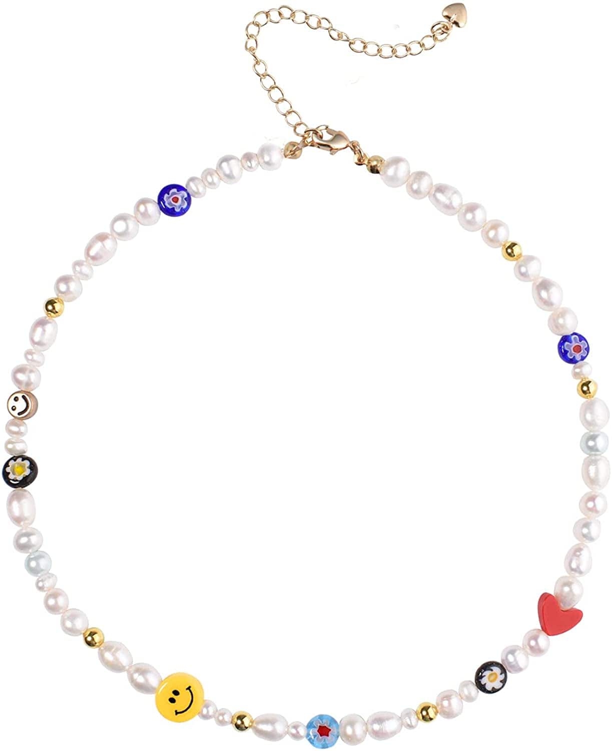 Natural Freshwater Pearl "Fun Flirty" Beaded Choker Necklace Handmade Summer Boho Jewlery Gifts for Women Teen Girls A - Smiley Face