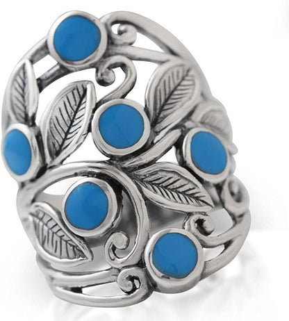Natural or Created Stones 925 Sterling Silver Unique Filigree Leaf Ring Right Hand Jewelry for Women 8 / created blue turquoise