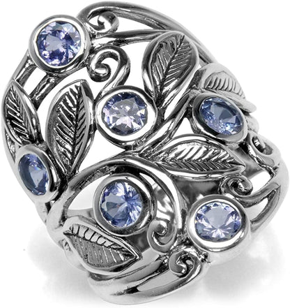Natural or Created Stones 925 Sterling Silver Unique Filigree Leaf Ring Right Hand Jewelry for Women 10.5 / genuine tanzanite