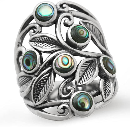 Natural or Created Stones 925 Sterling Silver Unique Filigree Leaf Ring Right Hand Jewelry for Women 10.5 / abalone paua shell