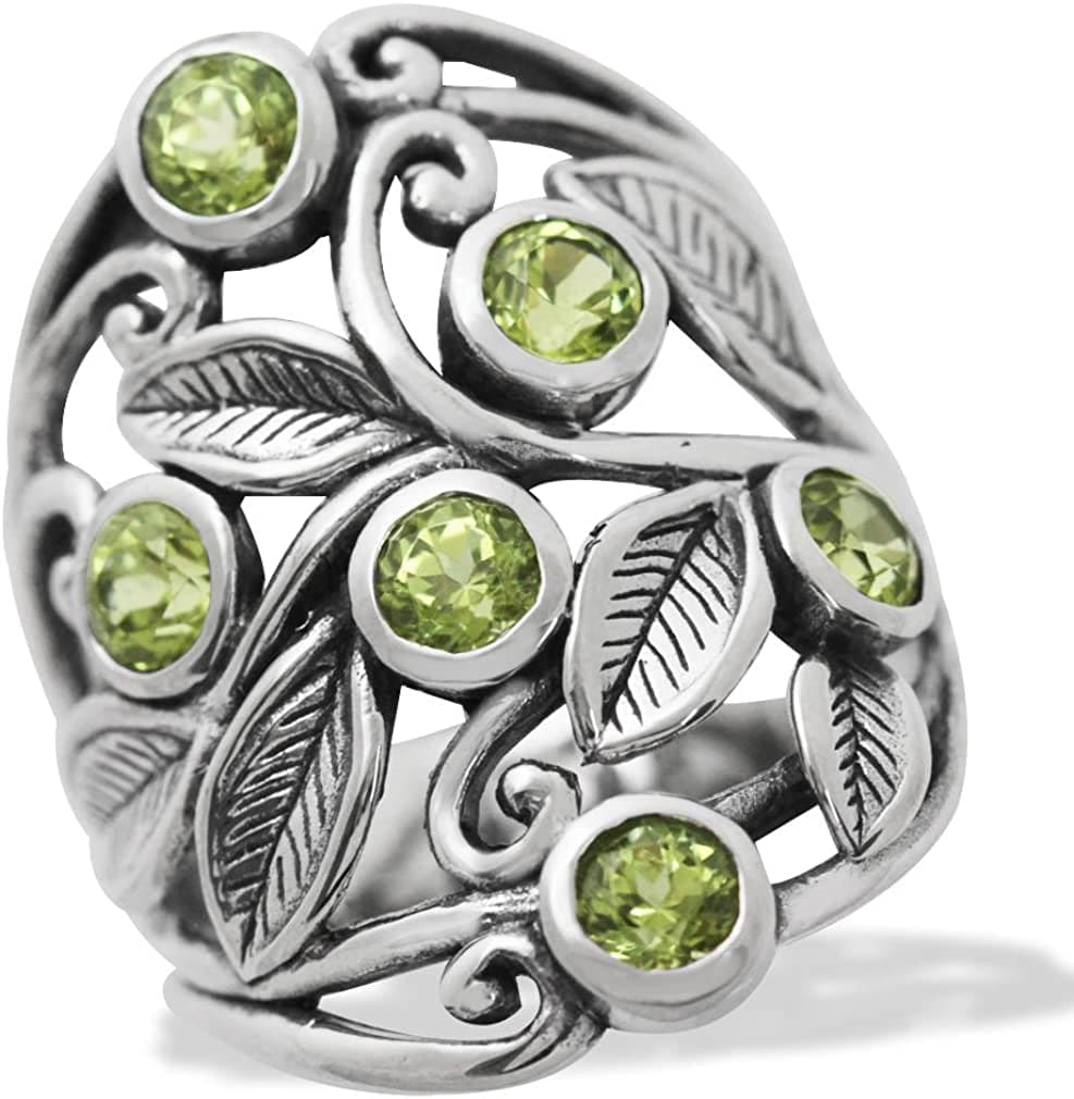 Natural or Created Stones 925 Sterling Silver Unique Filigree Leaf Ring Right Hand Jewelry for Women 10.5 / natural green peridot