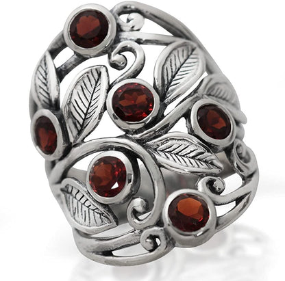 Natural or Created Stones 925 Sterling Silver Unique Filigree Leaf Ring Right Hand Jewelry for Women 10.5 / natural red garnet