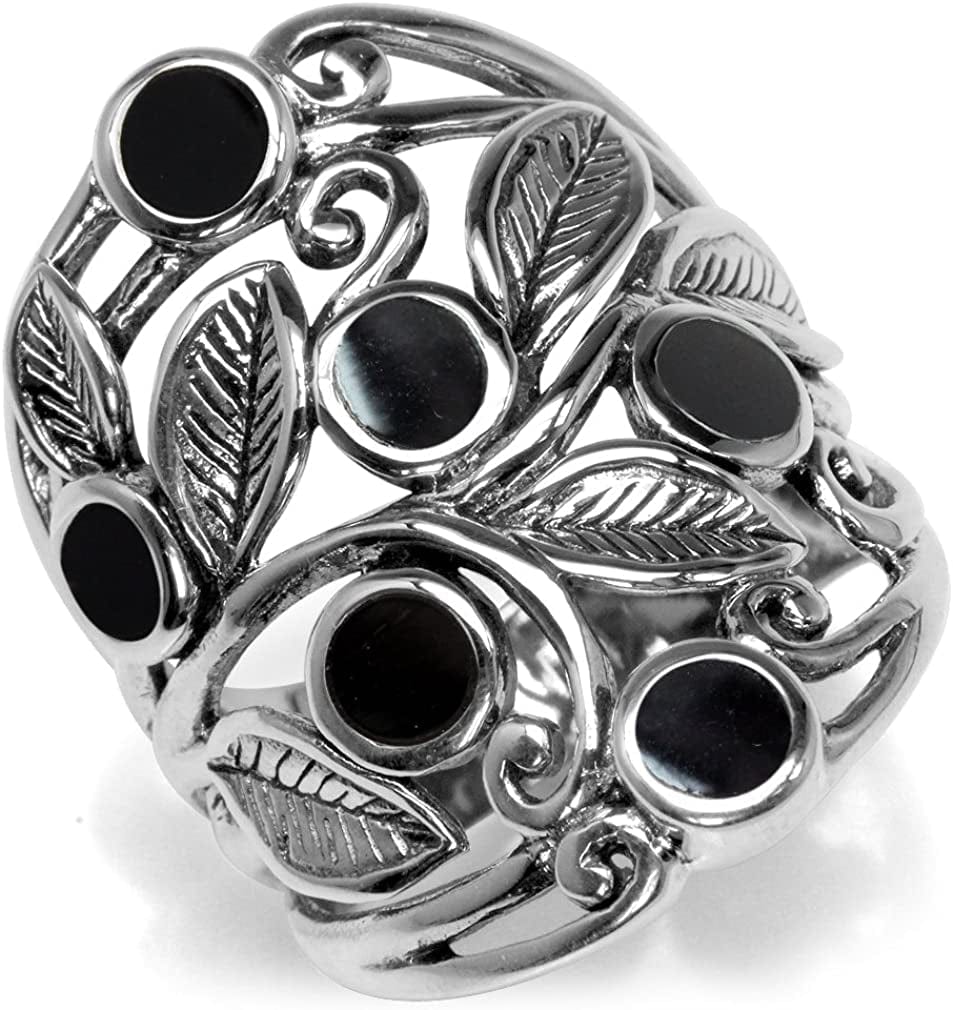 Natural or Created Stones 925 Sterling Silver Unique Filigree Leaf Ring Right Hand Jewelry for Women 8 / created black onyx