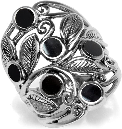 Natural or Created Stones 925 Sterling Silver Unique Filigree Leaf Ring Right Hand Jewelry for Women 8 / created black onyx