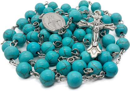 Nazareth Store Sky Blue Marble Stone Beads Rosary Turquoise Beaded Necklace Catholic Miraculous Medal & Jesus Cross