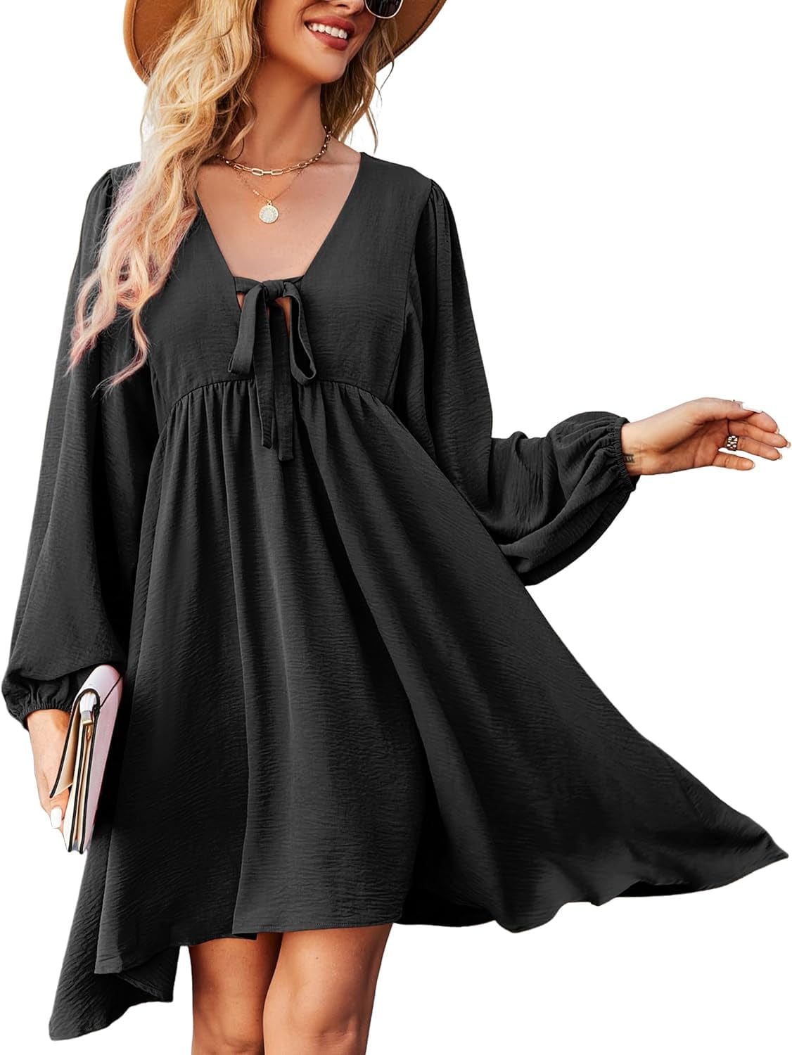 NECIOUS Women Dress 2023 Long Sleeve Casual Dresses, Lantern Sleeve Mini Dress V Neck Tie Front Flowy Fall Dresses Black / Large
