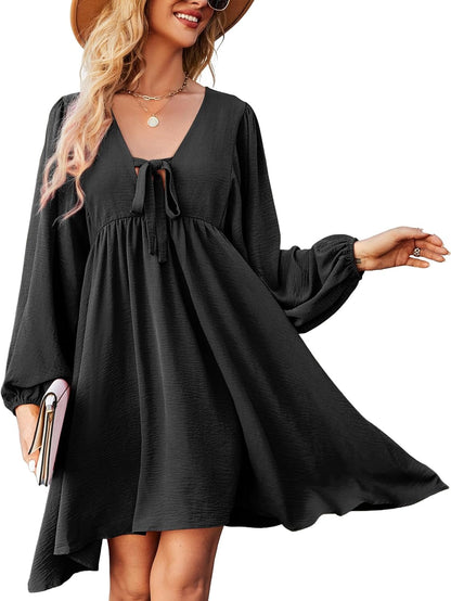 NECIOUS Women Dress 2023 Long Sleeve Casual Dresses, Lantern Sleeve Mini Dress V Neck Tie Front Flowy Fall Dresses Black / Large