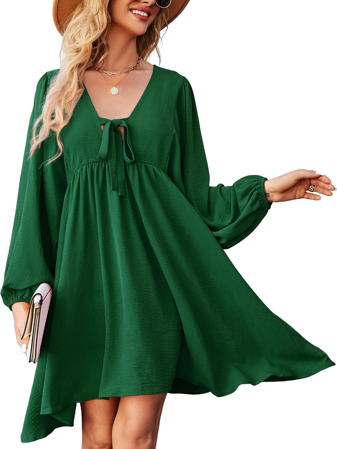 NECIOUS Women Dress 2023 Long Sleeve Casual Dresses, Lantern Sleeve Mini Dress V Neck Tie Front Flowy Fall Dresses Green / X-Large
