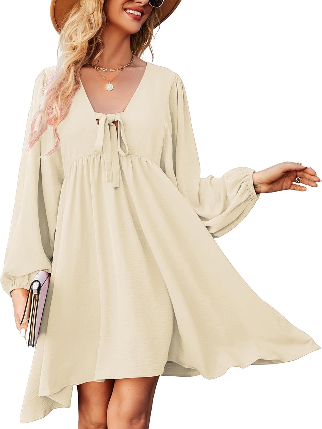 NECIOUS Women Dress 2023 Long Sleeve Casual Dresses, Lantern Sleeve Mini Dress V Neck Tie Front Flowy Fall Dresses Beige / X-Large
