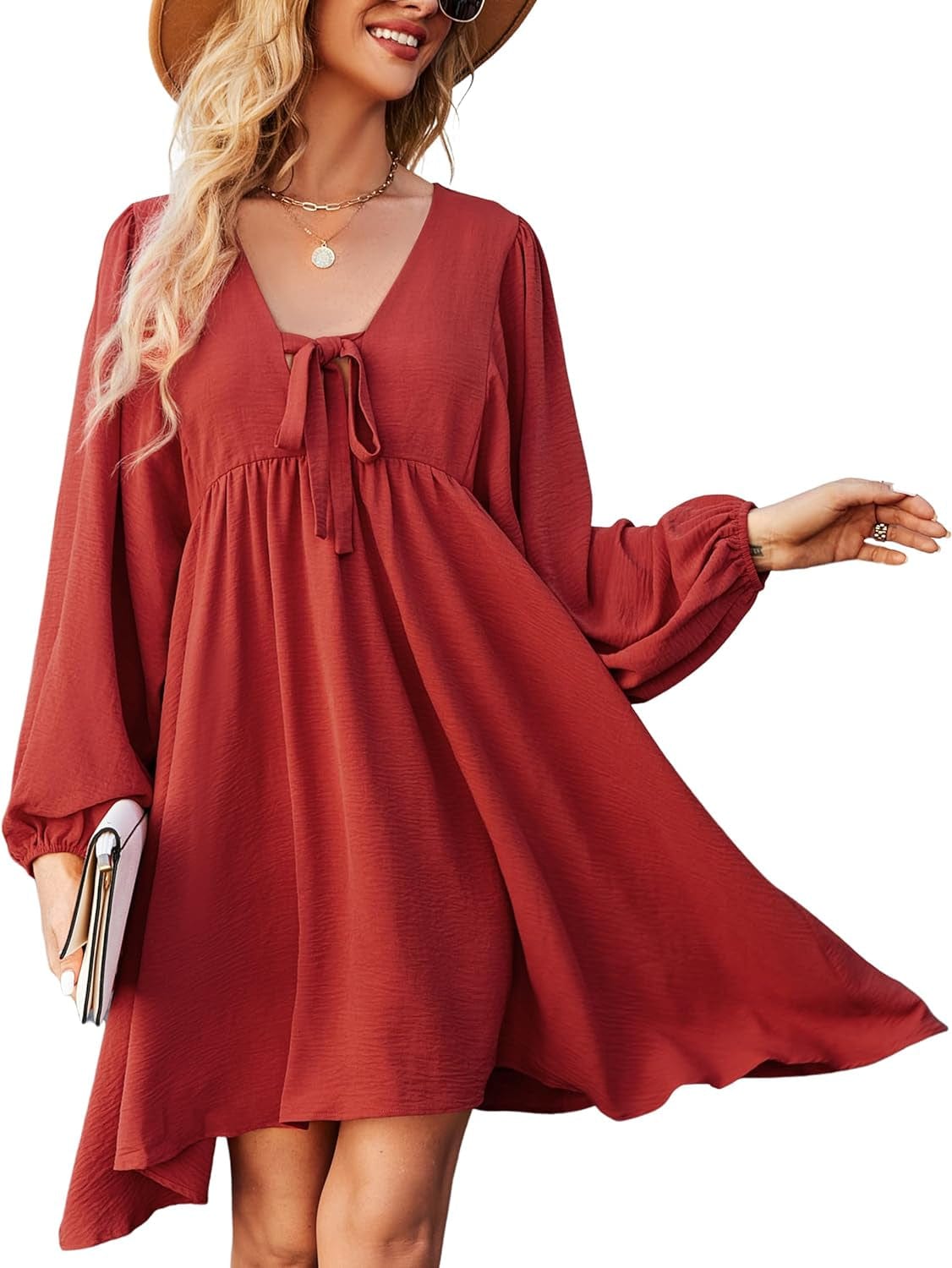 NECIOUS Women Dress 2023 Long Sleeve Casual Dresses, Lantern Sleeve Mini Dress V Neck Tie Front Flowy Fall Dresses Red / Small