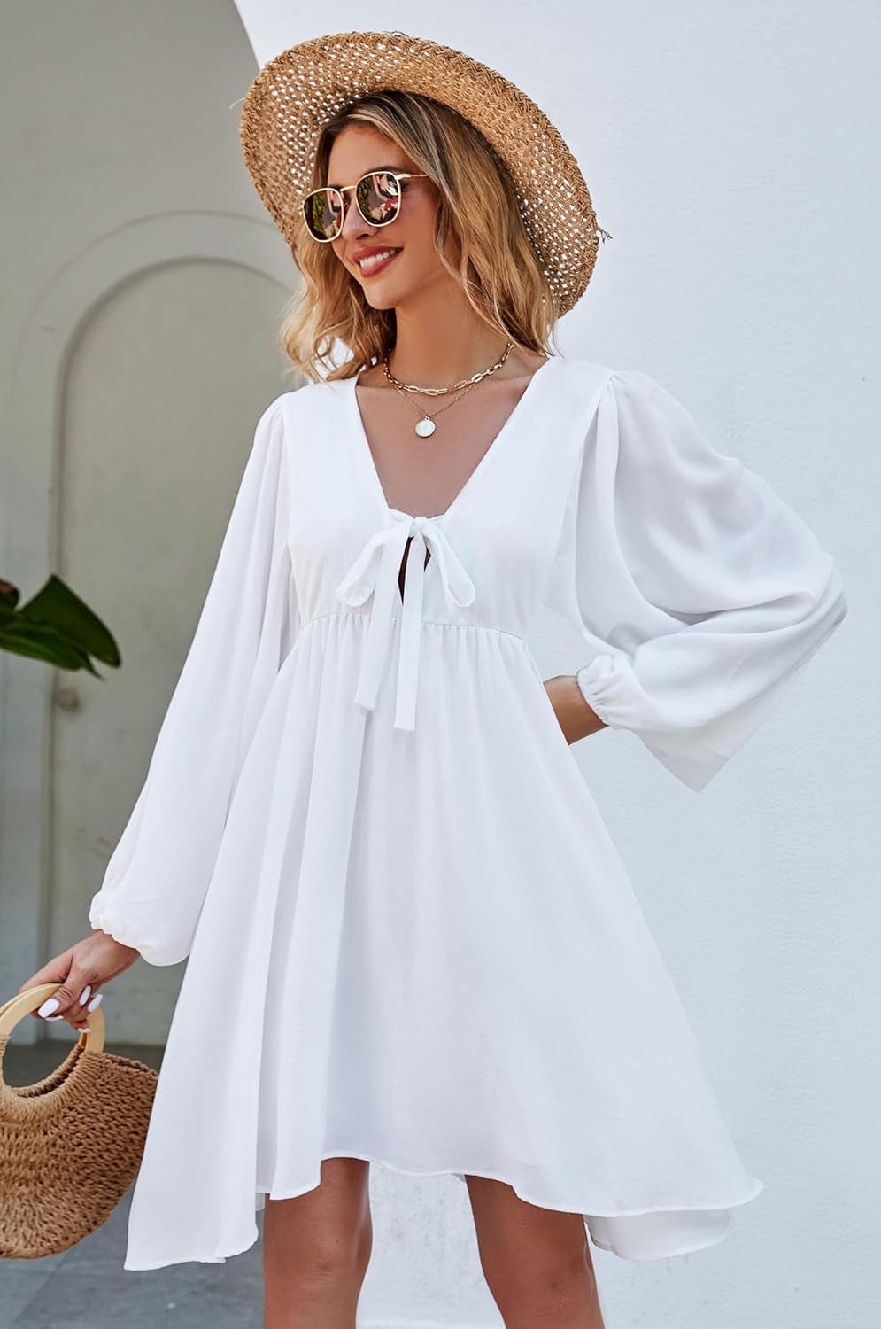 NECIOUS Women Dress 2023 Long Sleeve Casual Dresses, Lantern Sleeve Mini Dress V Neck Tie Front Flowy Fall Dresses