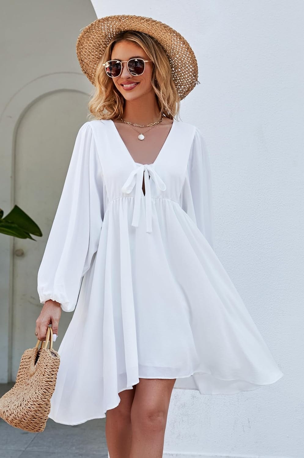 NECIOUS Women Dress 2023 Long Sleeve Casual Dresses, Lantern Sleeve Mini Dress V Neck Tie Front Flowy Fall Dresses