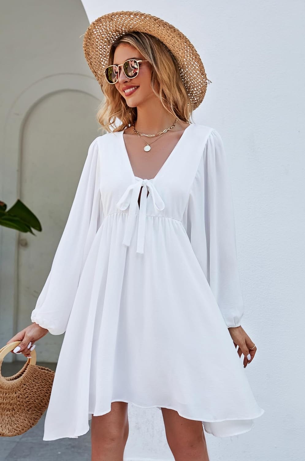 NECIOUS Women Dress 2023 Long Sleeve Casual Dresses, Lantern Sleeve Mini Dress V Neck Tie Front Flowy Fall Dresses