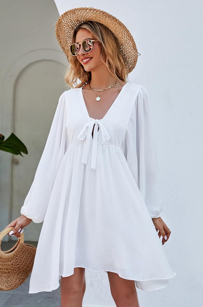 NECIOUS Women Dress 2023 Long Sleeve Casual Dresses, Lantern Sleeve Mini Dress V Neck Tie Front Flowy Fall Dresses