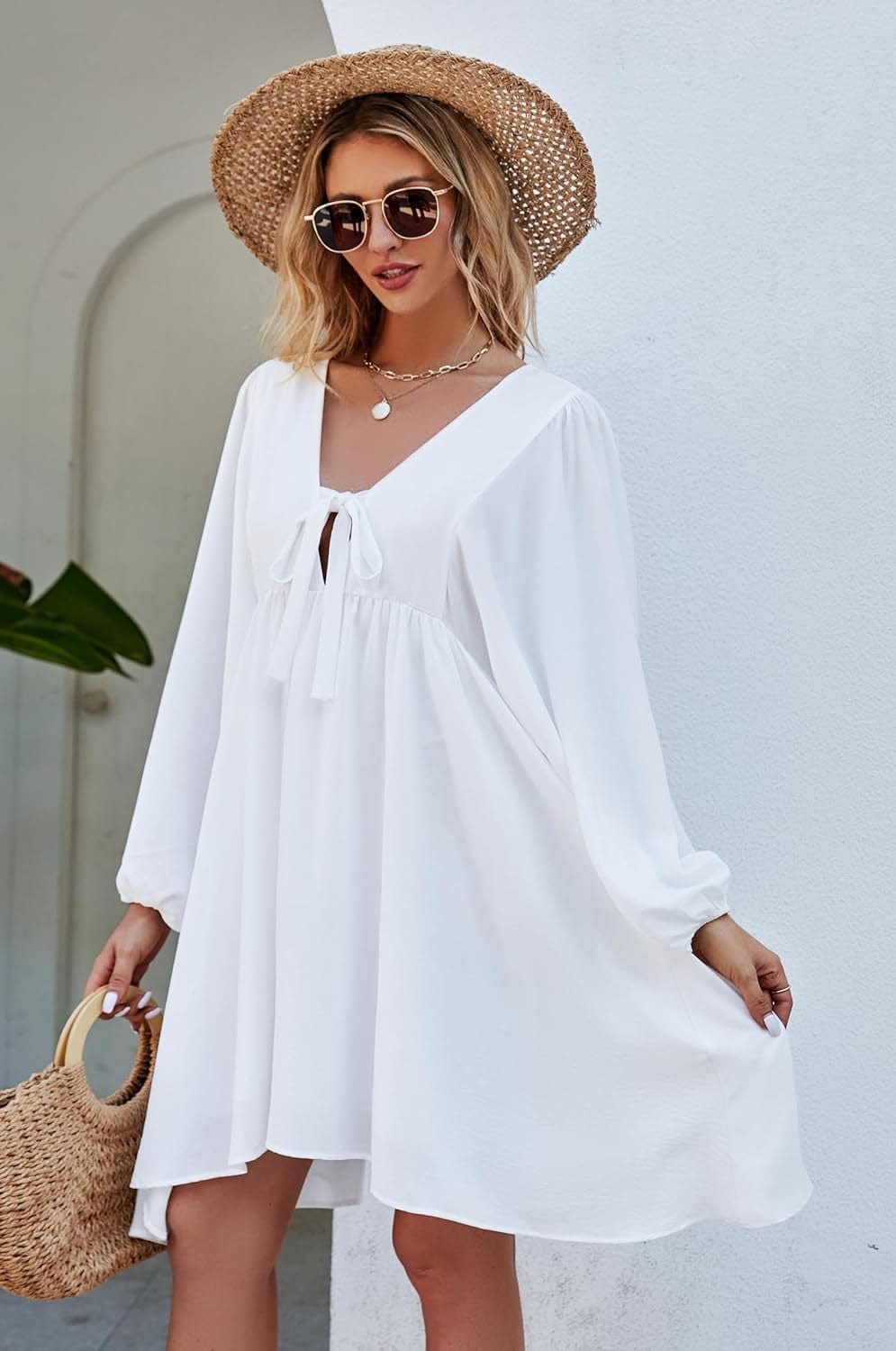NECIOUS Women Dress 2023 Long Sleeve Casual Dresses, Lantern Sleeve Mini Dress V Neck Tie Front Flowy Fall Dresses