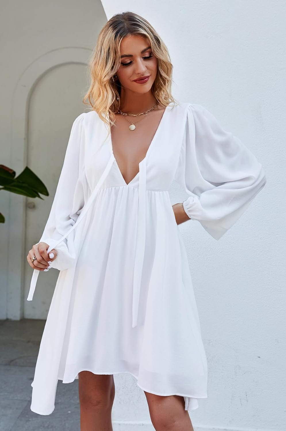 NECIOUS Women Dress 2023 Long Sleeve Casual Dresses, Lantern Sleeve Mini Dress V Neck Tie Front Flowy Fall Dresses