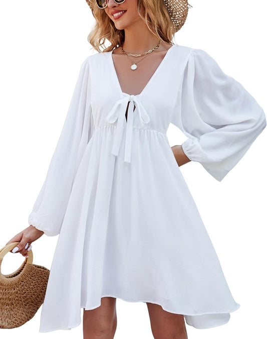 NECIOUS Women Dress 2023 Long Sleeve Casual Dresses, Lantern Sleeve Mini Dress V Neck Tie Front Flowy Fall Dresses