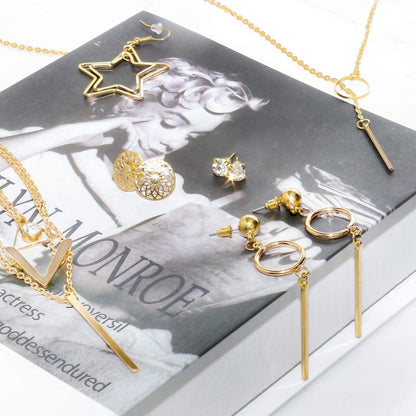 Necklace and Earring Jewelry Set, with 24 Pairs Layered Ball Dangle Hoop Stud Earrings and 4 PCS Necklaces of Different Lengths for Women Jewelry Fashion and Valentine Birthday Party Gift,28 Pairs
