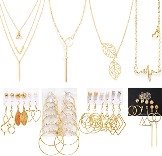 Necklace and Earring Jewelry Set, with 24 Pairs Layered Ball Dangle Hoop Stud Earrings and 4 PCS Necklaces of Different Lengths for Women Jewelry Fashion and Valentine Birthday Party Gift,28 Pairs