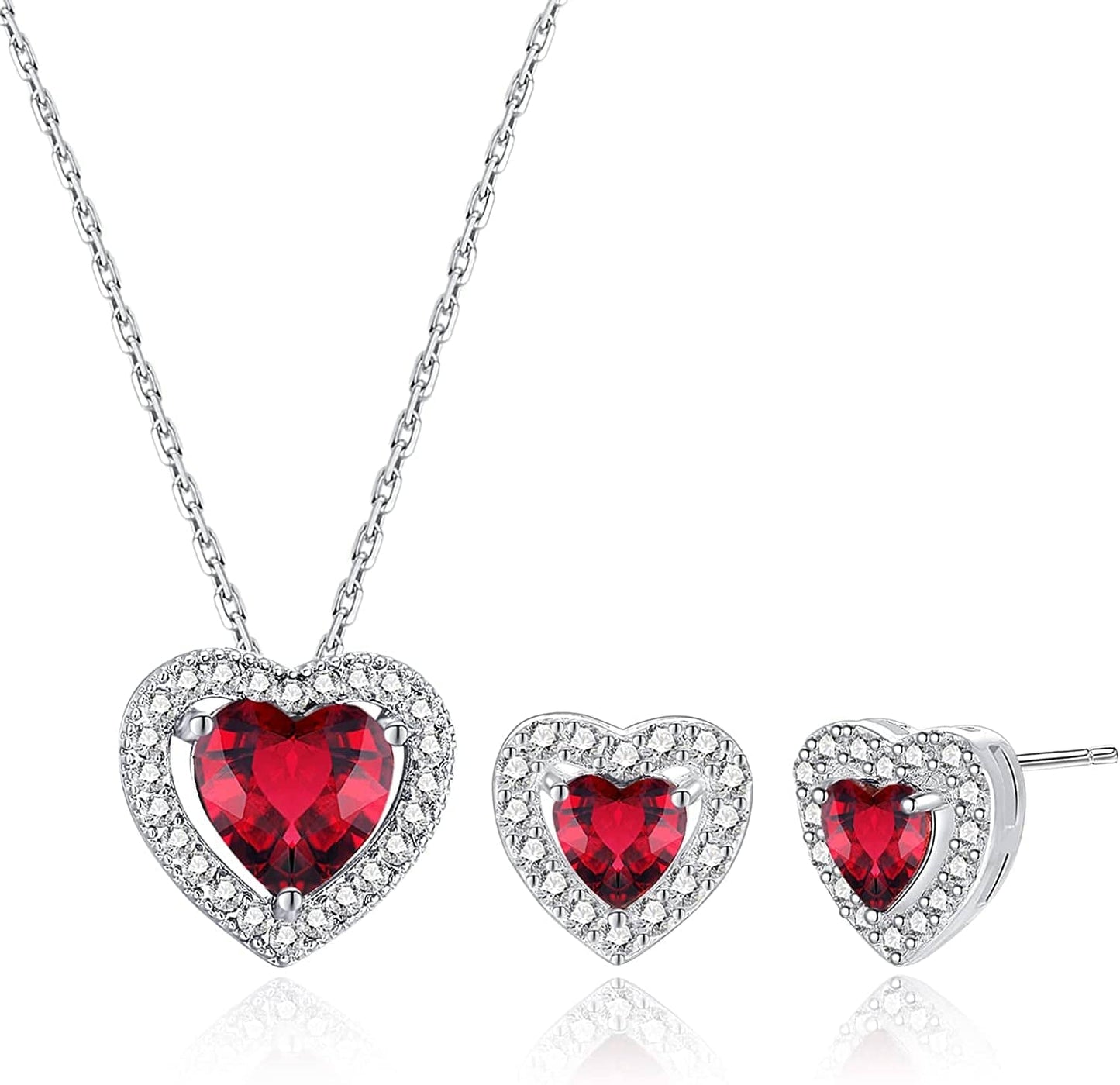 Necklace and Earrings Set Sterling Silver Plated 5A Cubic Zirconia Teardrop/Square/Heart Pendant Jewelry Set Wedding Party Gifts for Girlfriend Mom Wife Red