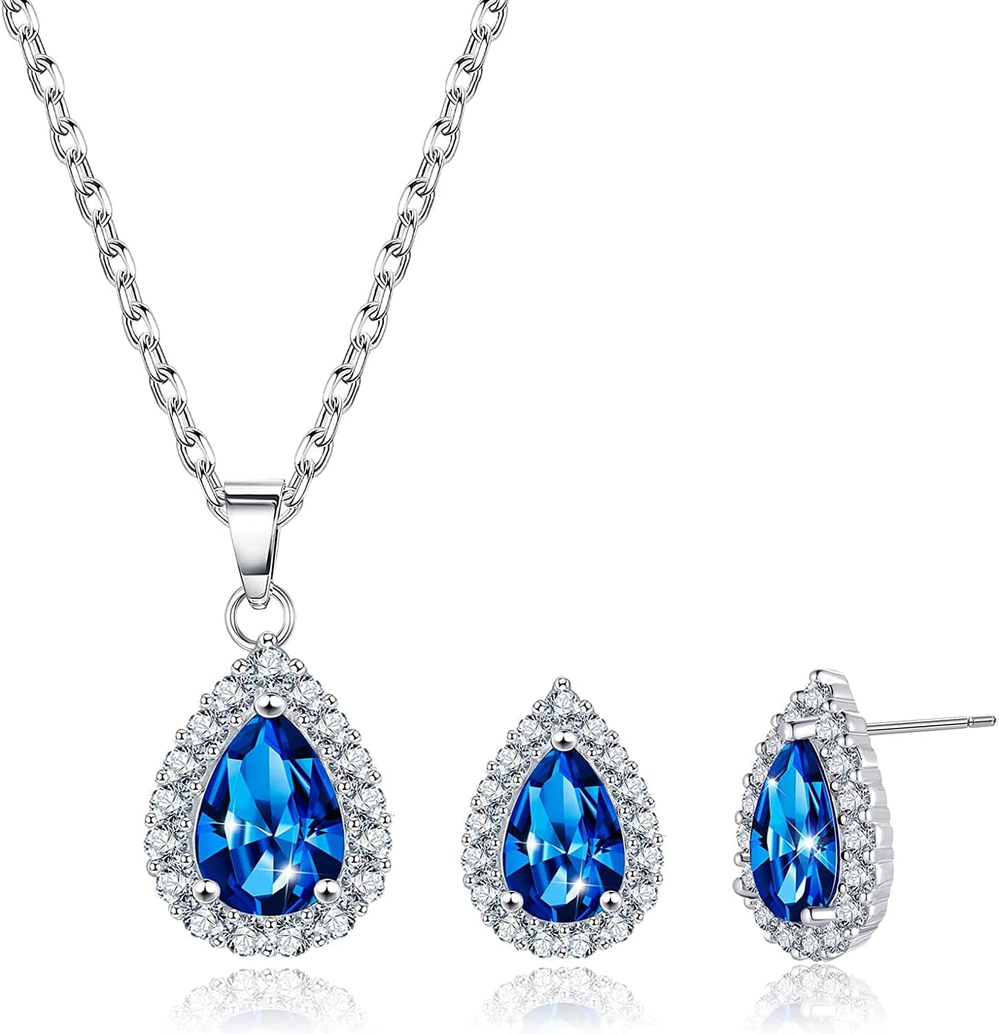 Necklace and Earrings Set Sterling Silver Plated 5A Cubic Zirconia Teardrop/Square/Heart Pendant Jewelry Set Wedding Party Gifts for Girlfriend Mom Wife B-Blue