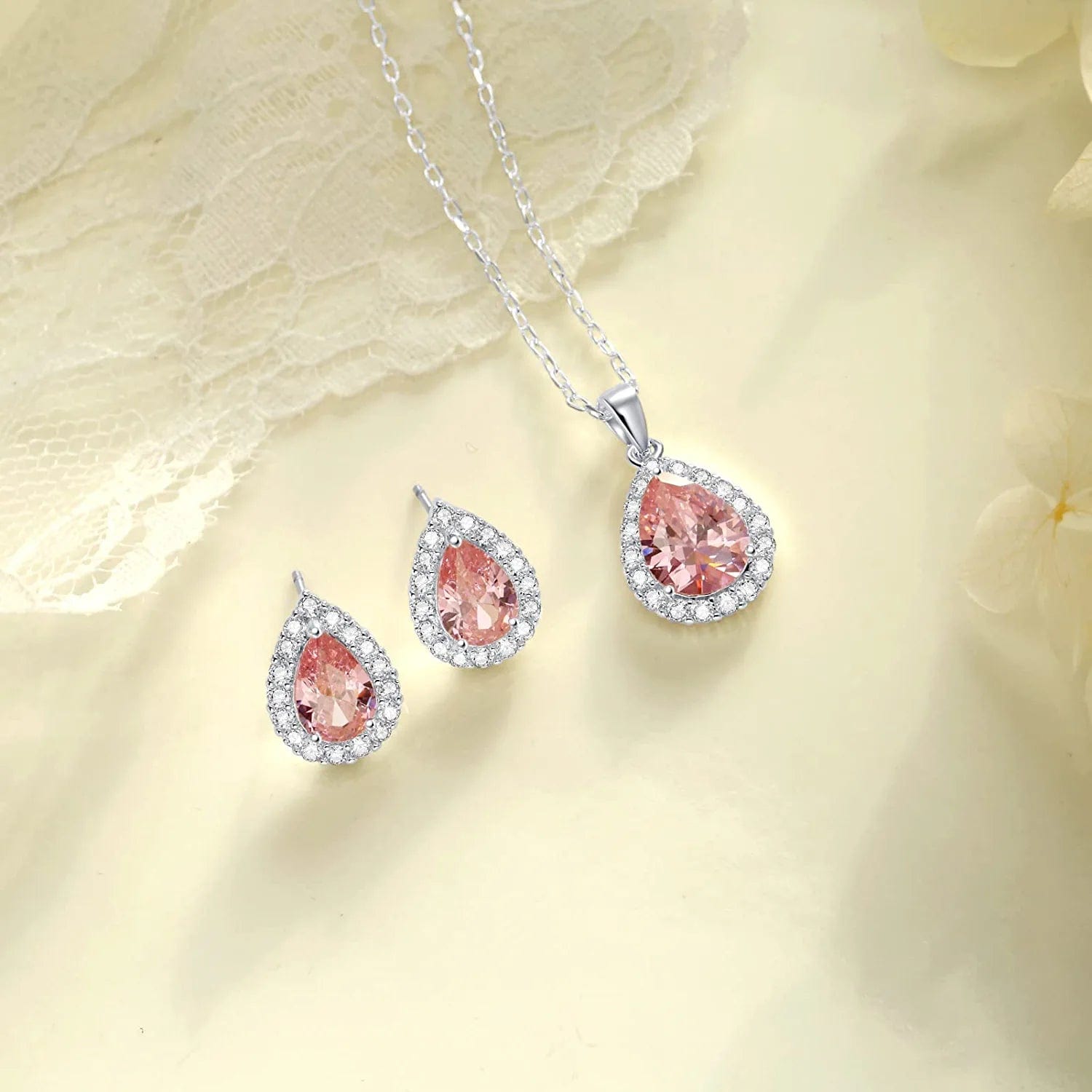 Necklace and Earrings Set Sterling Silver Plated 5A Cubic Zirconia Teardrop/Square/Heart Pendant Jewelry Set Wedding Party Gifts for Girlfriend Mom Wife