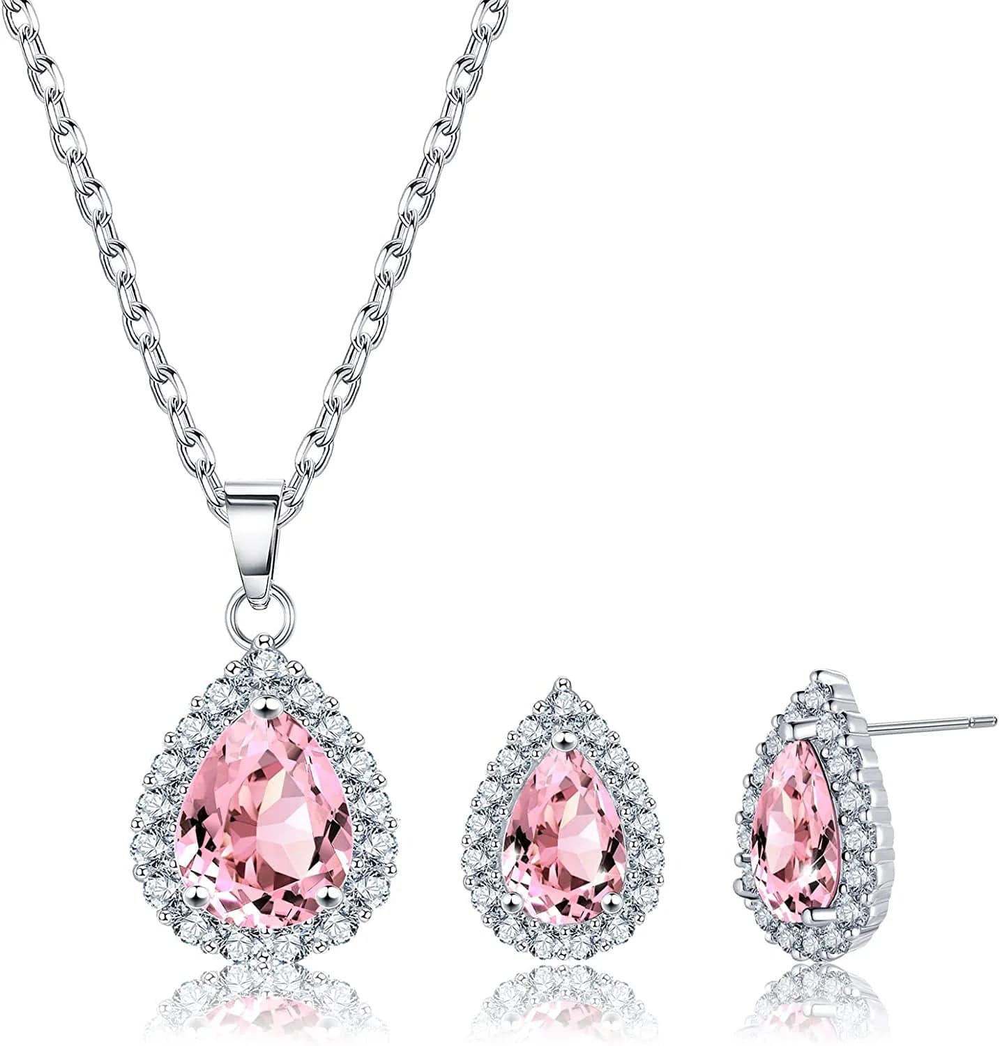 Necklace and Earrings Set Sterling Silver Plated 5A Cubic Zirconia Teardrop/Square/Heart Pendant Jewelry Set Wedding Party Gifts for Girlfriend Mom Wife A-Pink