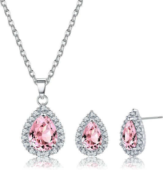 Necklace and Earrings Set Sterling Silver Plated 5A Cubic Zirconia Teardrop/Square/Heart Pendant Jewelry Set Wedding Party Gifts for Girlfriend Mom Wife A-Pink