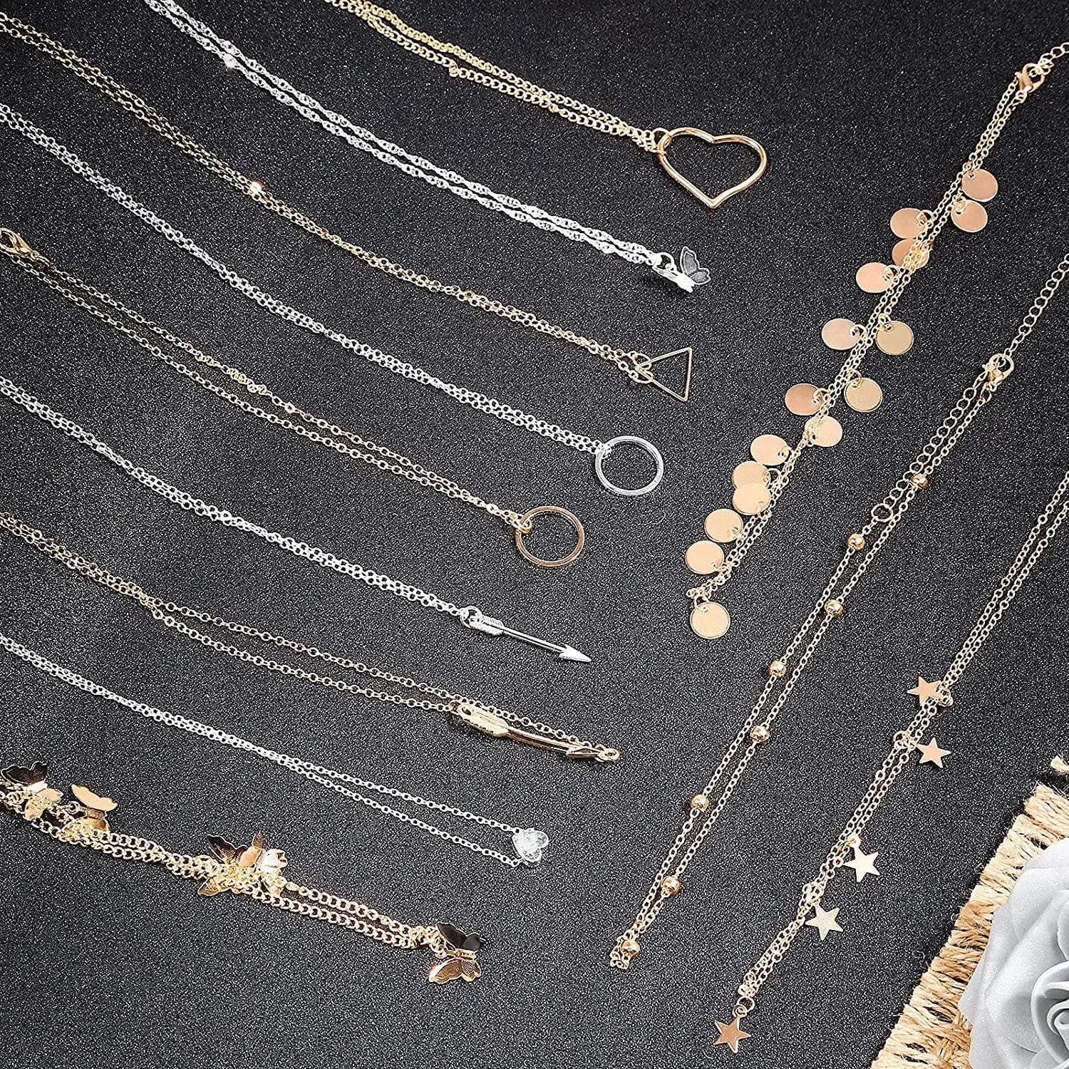 Necklaces Set for Women Teen Girls, 24Pcs Silver Gold Simple Trendy Layered Necklace Pack, Fashion Dangle Pendant Necklaces Costume Jewelry for Sweaters, Jeans, Skirts, Vests and Daily Dress Style 1
