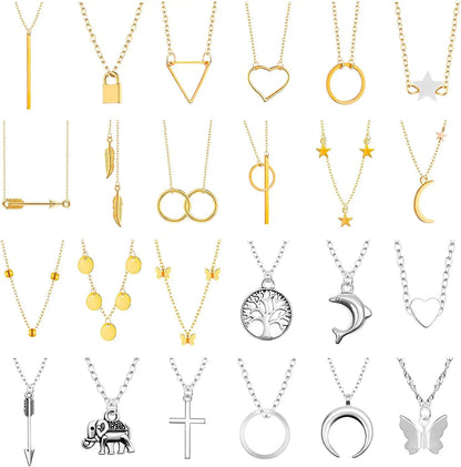 Necklaces Set for Women Teen Girls, 24Pcs Silver Gold Simple Trendy Layered Necklace Pack, Fashion Dangle Pendant Necklaces Costume Jewelry for Sweaters, Jeans, Skirts, Vests and Daily Dress Style 1
