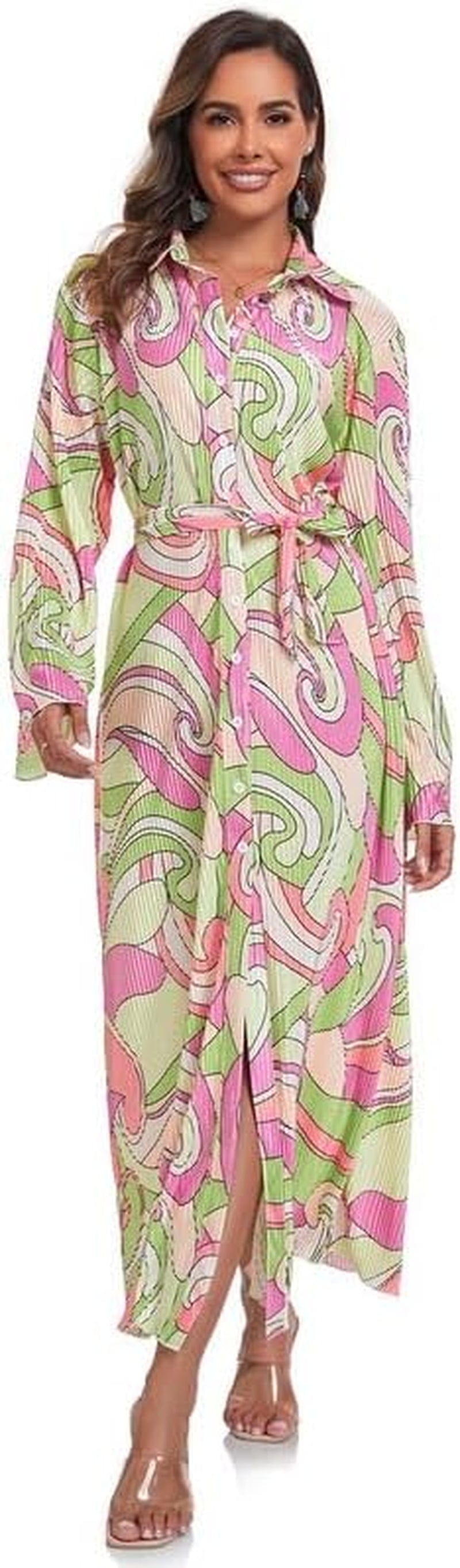 Neufigr Shirt Dresses for Women 2023 Fall Dresses Vneck Long Sleeve Maxi Button down Dress Casual Ruffle Tunic Tops with Belt Green Print / Medium