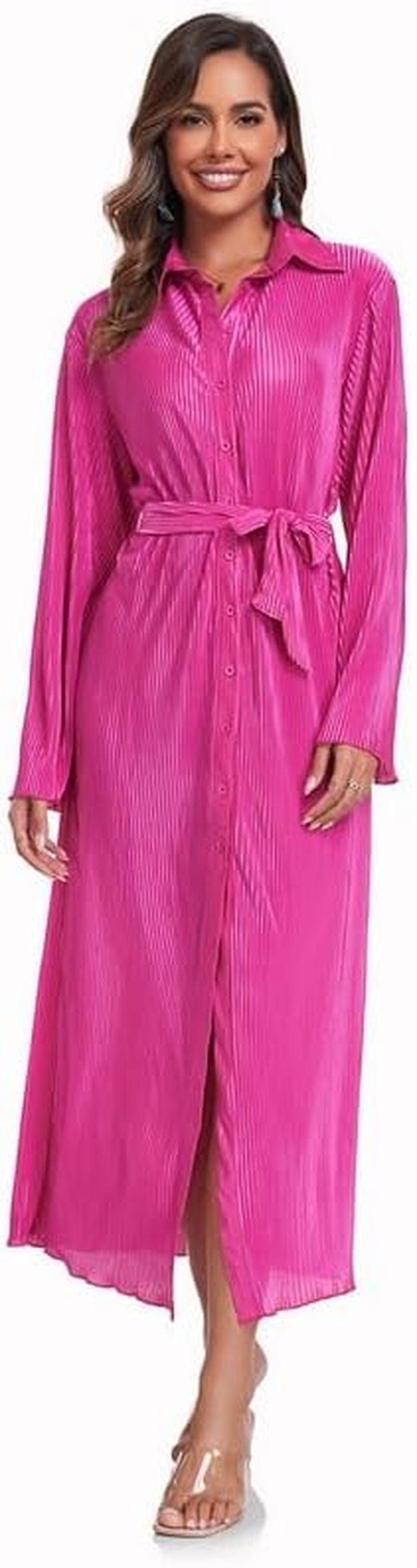 Neufigr Shirt Dresses for Women 2023 Fall Dresses Vneck Long Sleeve Maxi Button down Dress Casual Ruffle Tunic Tops with Belt Rose Red / Medium