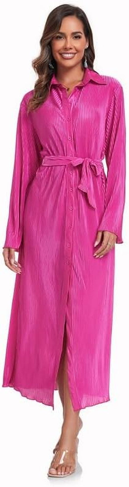 Neufigr Shirt Dresses for Women 2023 Fall Dresses Vneck Long Sleeve Maxi Button down Dress Casual Ruffle Tunic Tops with Belt Rose Red / Medium