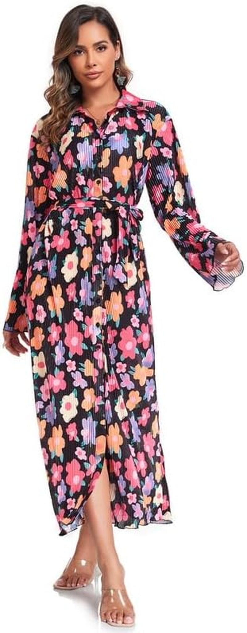 Neufigr Shirt Dresses for Women 2023 Fall Dresses Vneck Long Sleeve Maxi Button down Dress Casual Ruffle Tunic Tops with Belt Black Print / Medium