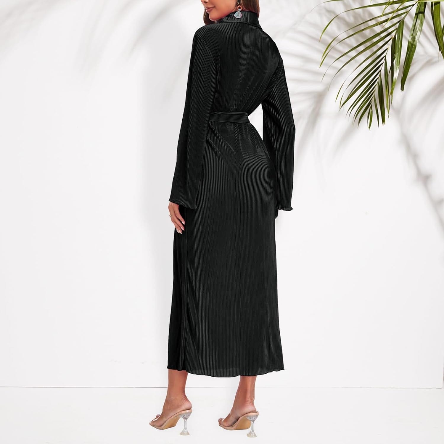 Neufigr Shirt Dresses for Women 2023 Fall Dresses Vneck Long Sleeve Maxi Button down Dress Casual Ruffle Tunic Tops with Belt