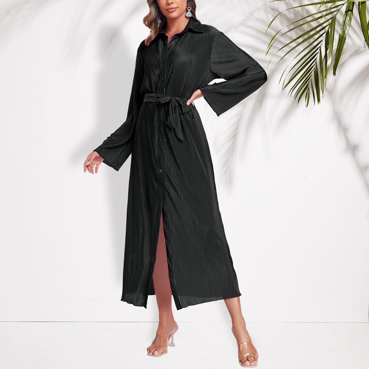 Neufigr Shirt Dresses for Women 2023 Fall Dresses Vneck Long Sleeve Maxi Button down Dress Casual Ruffle Tunic Tops with Belt