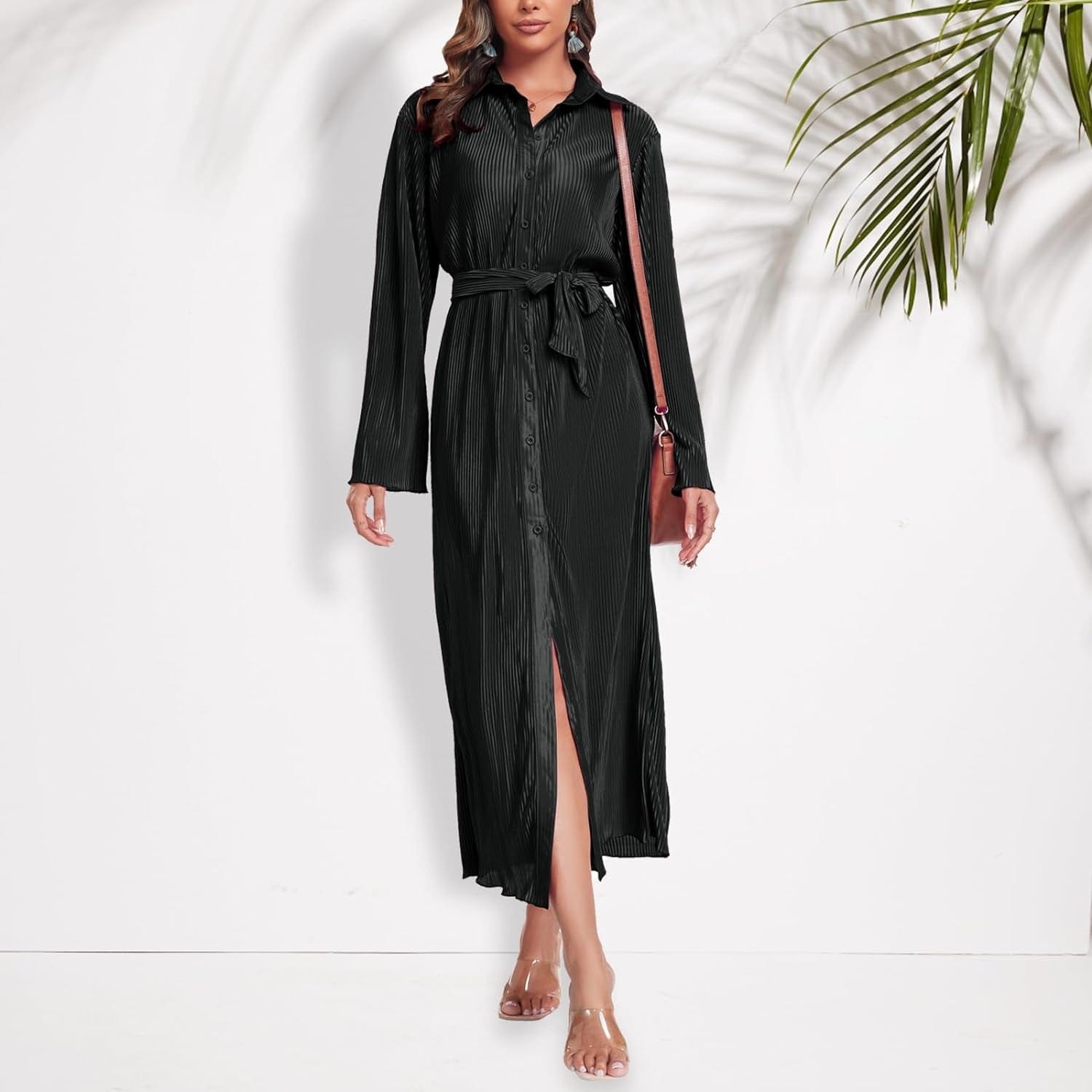 Neufigr Shirt Dresses for Women 2023 Fall Dresses Vneck Long Sleeve Maxi Button down Dress Casual Ruffle Tunic Tops with Belt