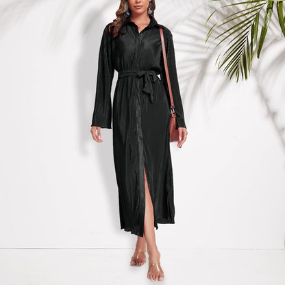 Neufigr Shirt Dresses for Women 2023 Fall Dresses Vneck Long Sleeve Maxi Button down Dress Casual Ruffle Tunic Tops with Belt