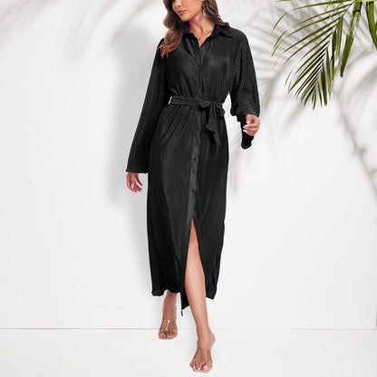 Neufigr Shirt Dresses for Women 2023 Fall Dresses Vneck Long Sleeve Maxi Button down Dress Casual Ruffle Tunic Tops with Belt