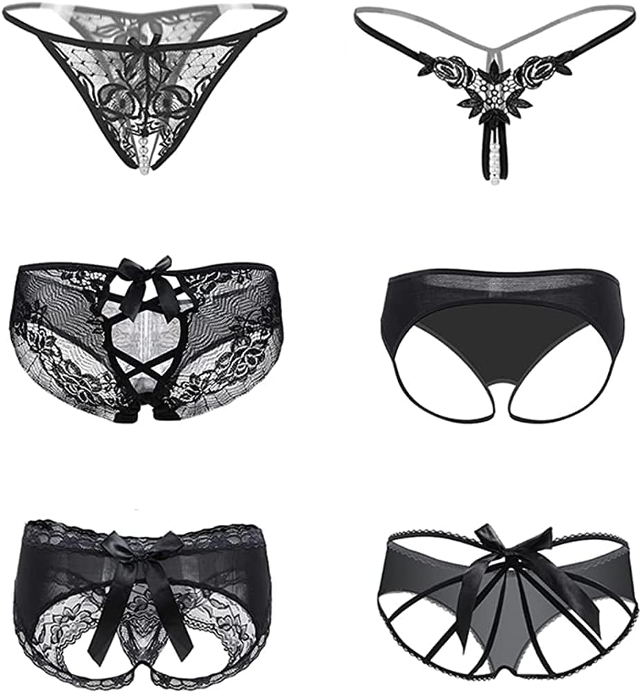 Nightaste Black Lingerie Thongs for Women, 6-Pack Sexy Assorted Floral Lace Bow-Knot T-String Panties Style2 / Large