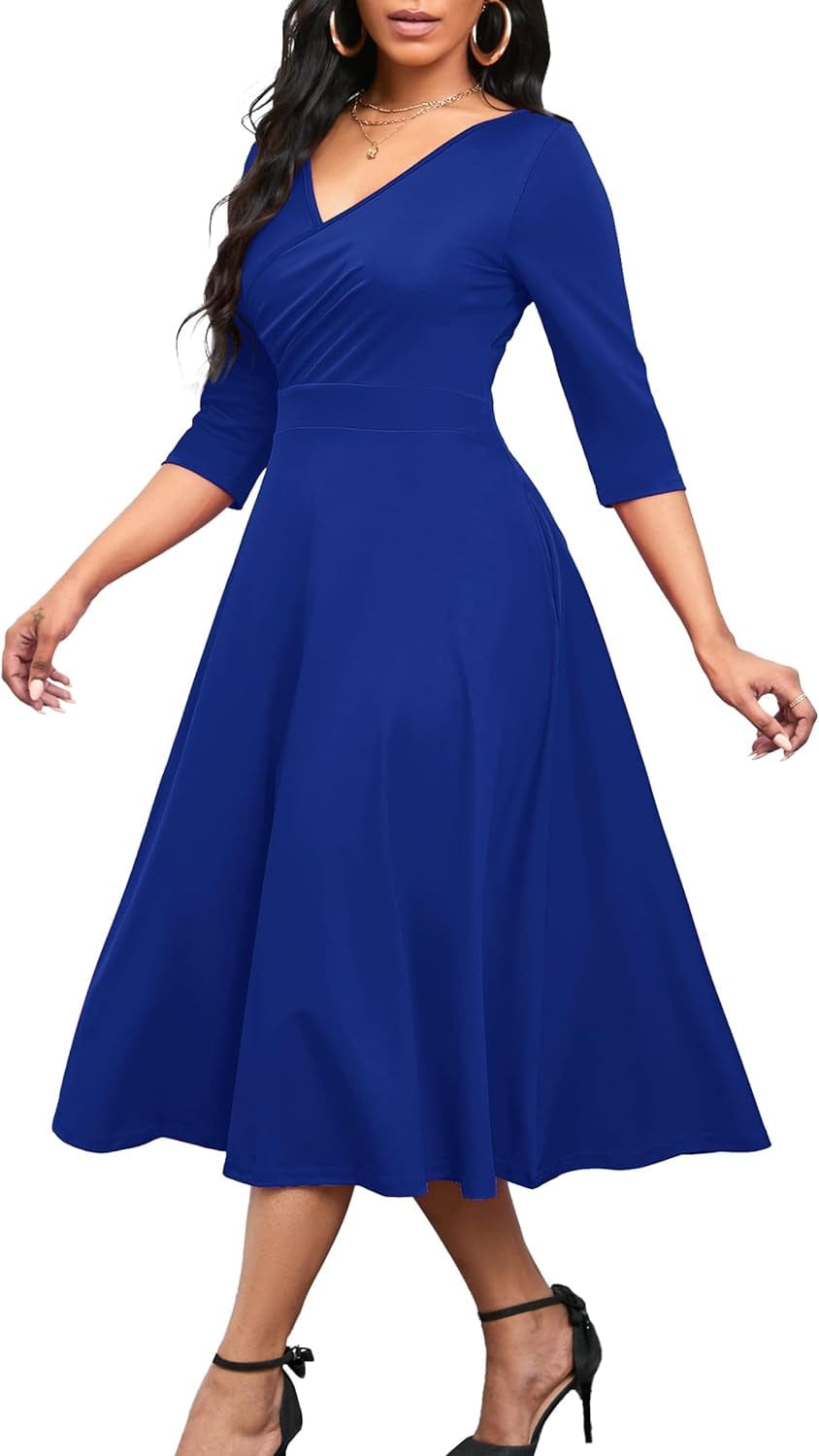 Nmoder Women'S Casual Wrap Flared Midi Dress Wedding Guest Cocktail Tea Dresses A-Line Swing V-Neck 3/4 Sleeve 003-Royal Blue / Medium