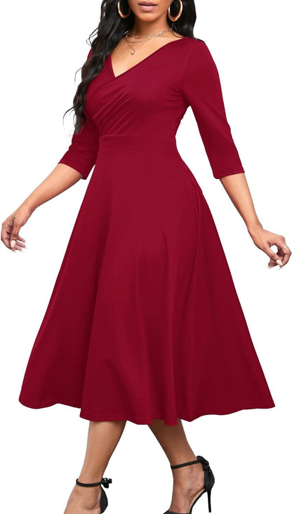 Nmoder Women'S Casual Wrap Flared Midi Dress Wedding Guest Cocktail Tea Dresses A-Line Swing V-Neck 3/4 Sleeve 001-Wine Red / X-Large